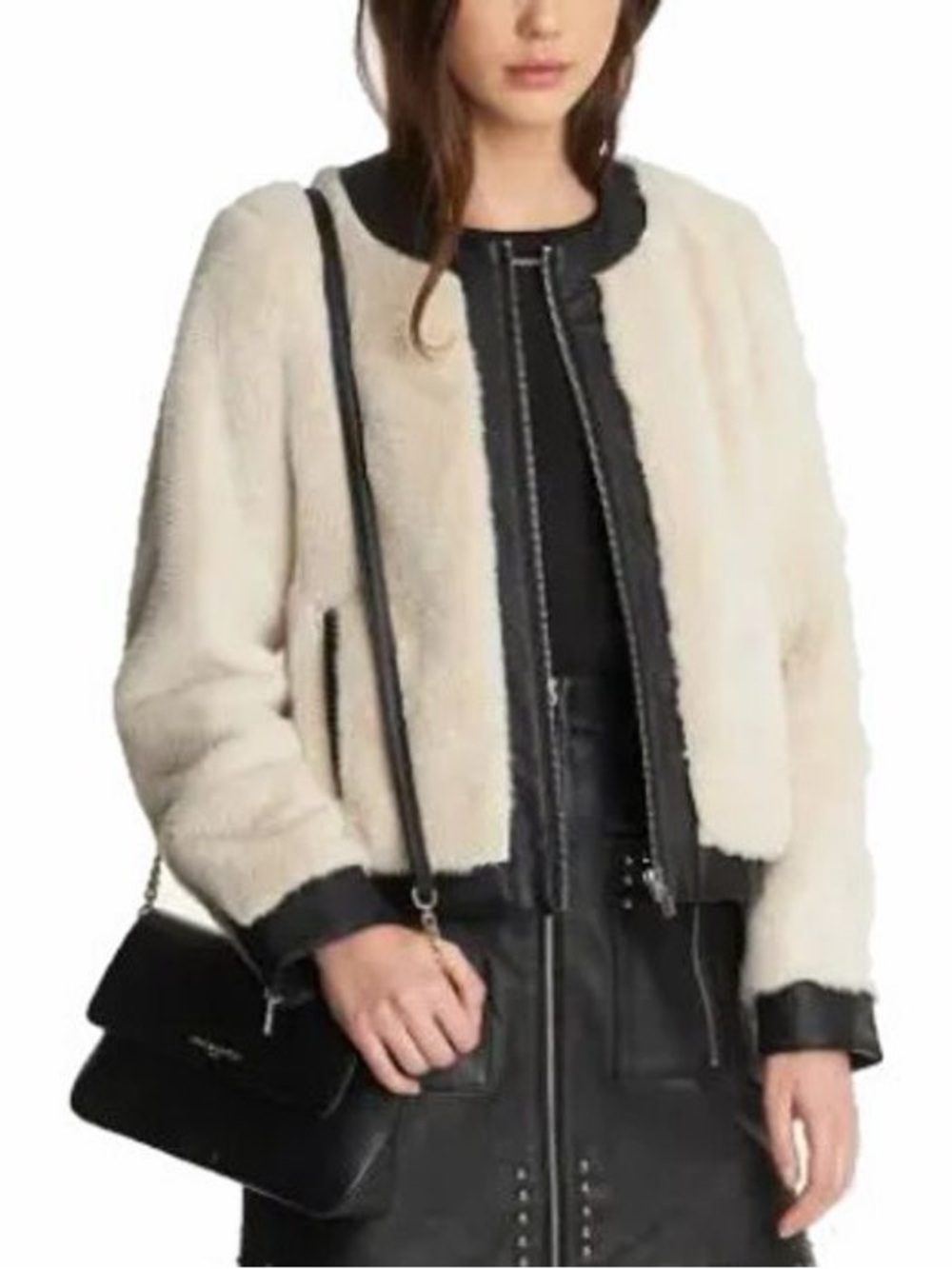Karl Lagerfeld Paris Womens Faux Fur Zip Front Jacket in Cream and Black
